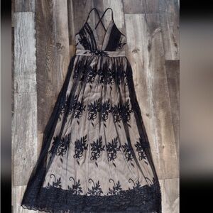Black Floral Lace Overlay Maxi Dress with Nude Lining